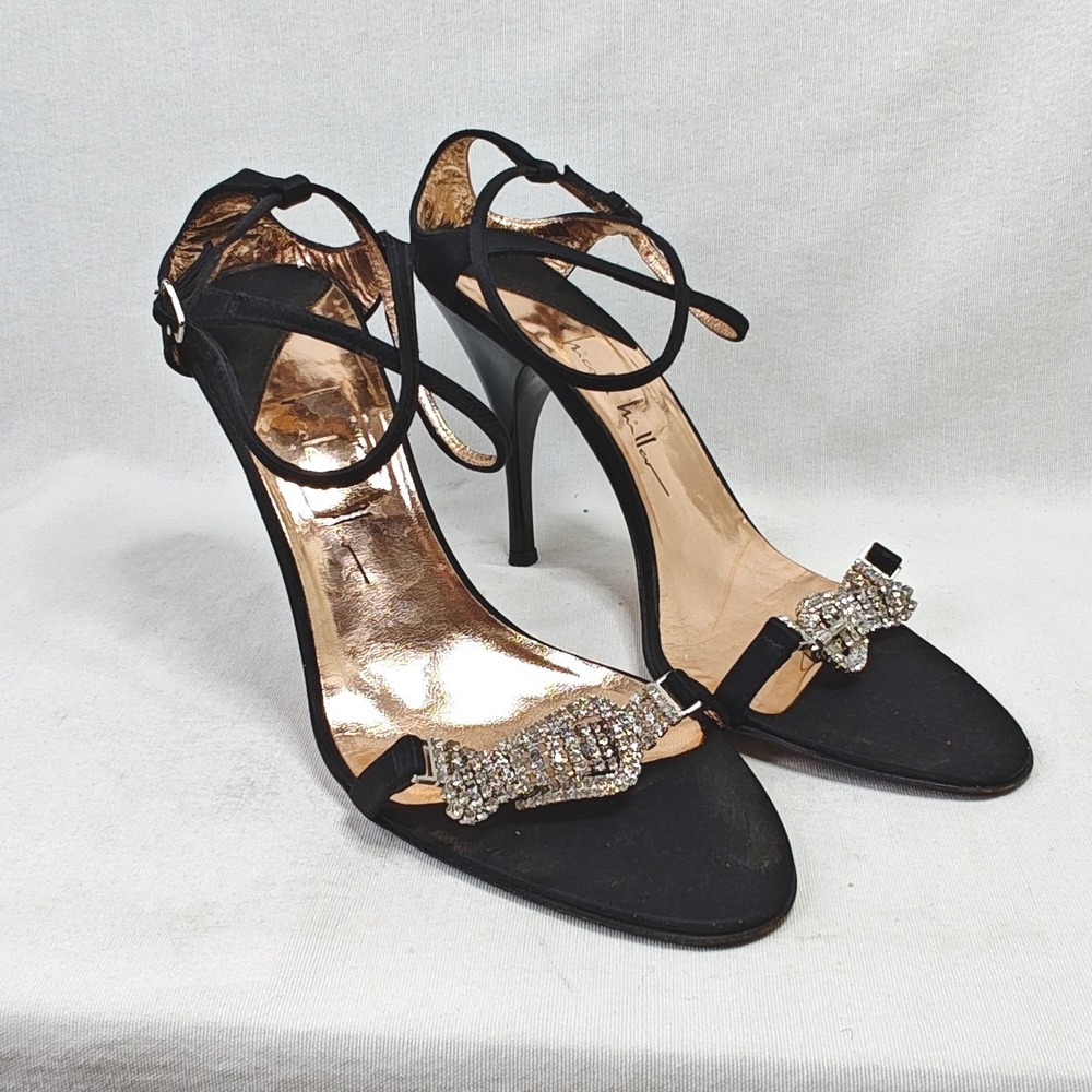 Nicole Miller Heeled Sandals Y2K 9.5 Black Satin‎ Rhinestone Bow Strappy Italy